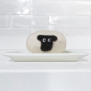 British wool felted soap on handmade porcelain soap dish