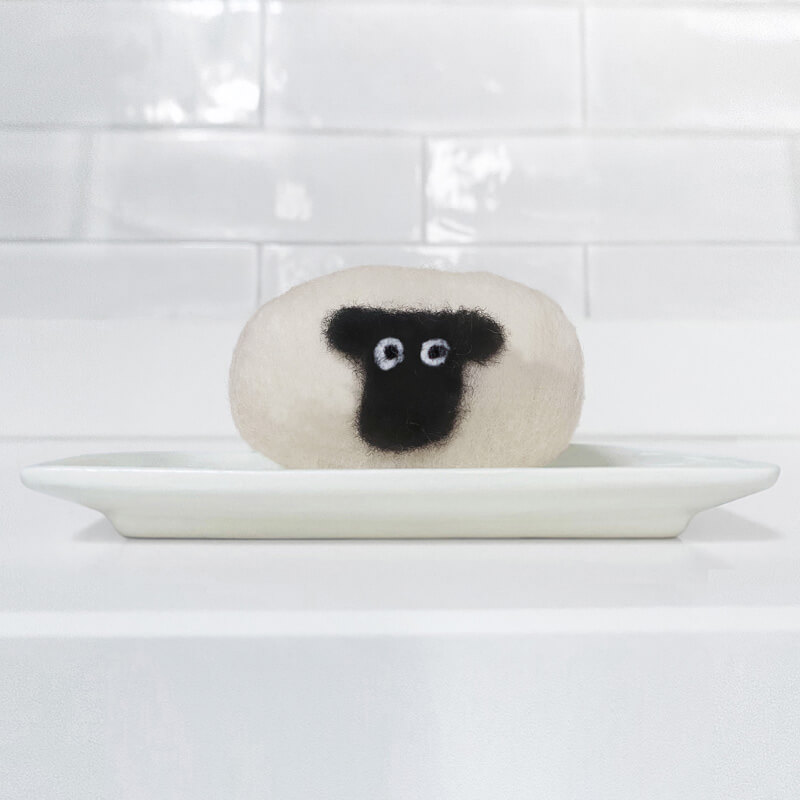 British wool felted soap on handmade porcelain soap dish